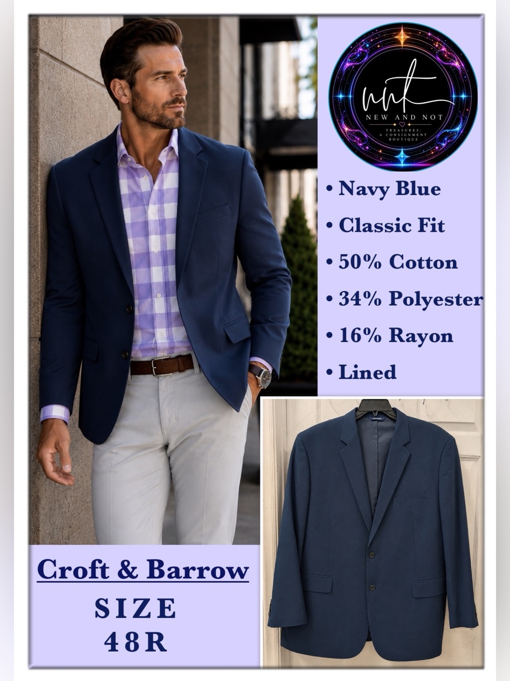 Croft & Barrow Men’s 48R Navy Blue Classic Fit Blazer Sport Coat 2 Button